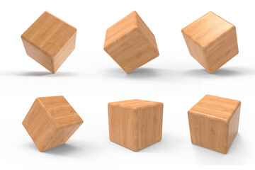 Wooden cube block in different angles 3D render icon set. Natural square boxes with wood texture isolated on transparent background