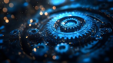 Intricate Blue Metal Gears System Close Up Detailed Mechanical Engineering Technology