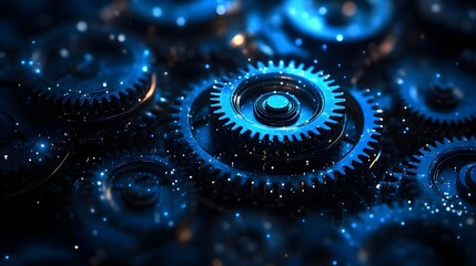Intricate Dark Blue Metal Gears Mechanism Close Up Detailed Engineering Technology Image