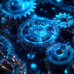 Intricate Glowing Blue Gears Interlocking Mechanism Detailed Closeup