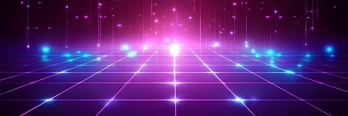 Obraz premium Futuristic Grid Background with Vibrant Neon Lights and Glowing Particles