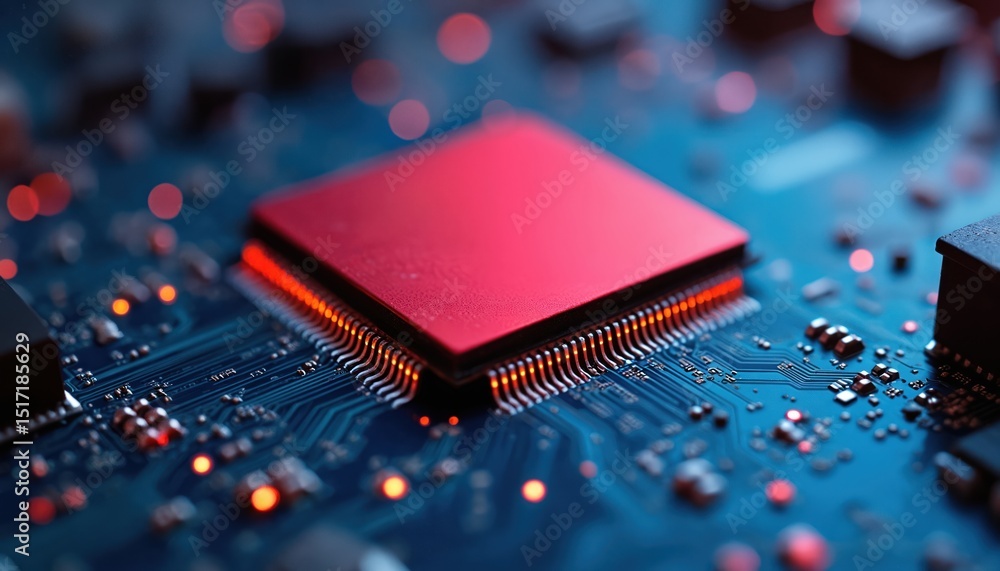 Poster close-up of red microchip on blue circuit board. computing hardware tech innovation concept. electro