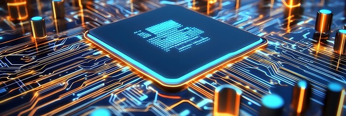 High tech digital microchip processor glowing with blue and orange light on a circuit board