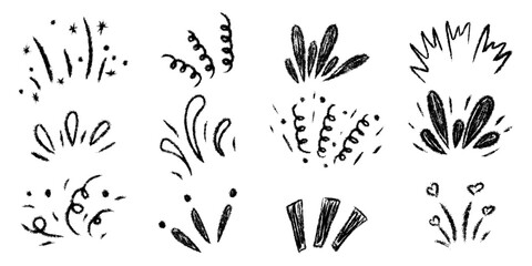Burst ray confetti set. Chalk textured kids freehand starburst explosion Crayon hand drawn scribble shine spark. Pencil decorative emphasis exclamation collection. Sketch vector illustration isolated