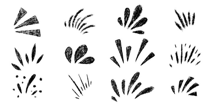 Burst ray confetti set. Chalk textured kids freehand starburst explosion Crayon hand drawn scribble shine spark. Pencil decorative emphasis exclamation collection. Sketch vector illustration isolated
