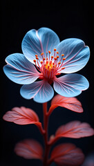 Vibrant blue flower with red stem and leaves on dark background