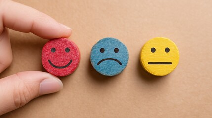 Hand Choosing Happy Emoji from Three Wooden Emoticons