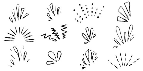 Burst ray confetti set. Chalk textured kids freehand starburst explosion Crayon hand drawn scribble shine spark. Pencil decorative emphasis exclamation collection. Sketch vector illustration isolated