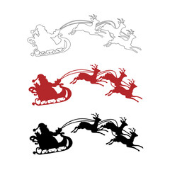 icon of Santa Claus using a reindeer carriage, line icon, black and dark red icon