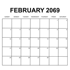 february 2069. monthly calendar design. week starts on Sunday. printable, editable, simple, and clean vector design isolated on white background.