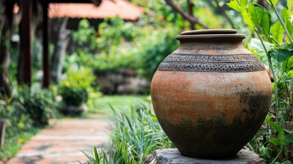 Large, rustic terracotta jar with lid sits in a lush garden setting.