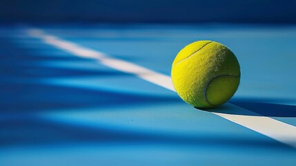 A Single Tennis Ball on a Blue Court Ready for a Serve Professional Sports Equipment Image