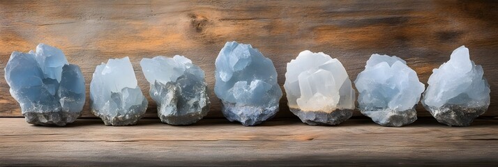 Blue Celestite Crystal Clusters on Rustic Wooden Background Natural Mineral Specimens