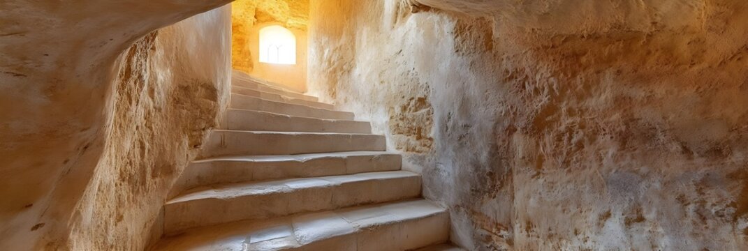 Ancient Stone Staircase Leading Upwards to Sunlight Through a Historic Building - Powered by Adobe