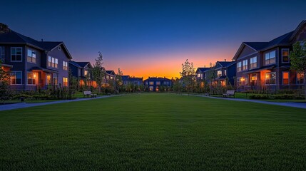 Serene Suburban Sunset Rows of Modern Houses on a Lush Green Lawn