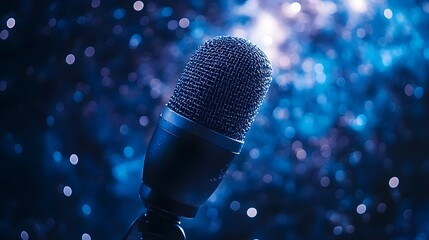 Professional Studio Microphone Close up Shot Against a Blue Bokeh Background Perfect for Music Production or Podcast