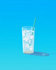 glass of water with ice and straw, cocktail with ice, water glass on blue background, cool drinks