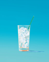 glass of water with ice and straw, cocktail with ice, water glass on blue background, cool drinks