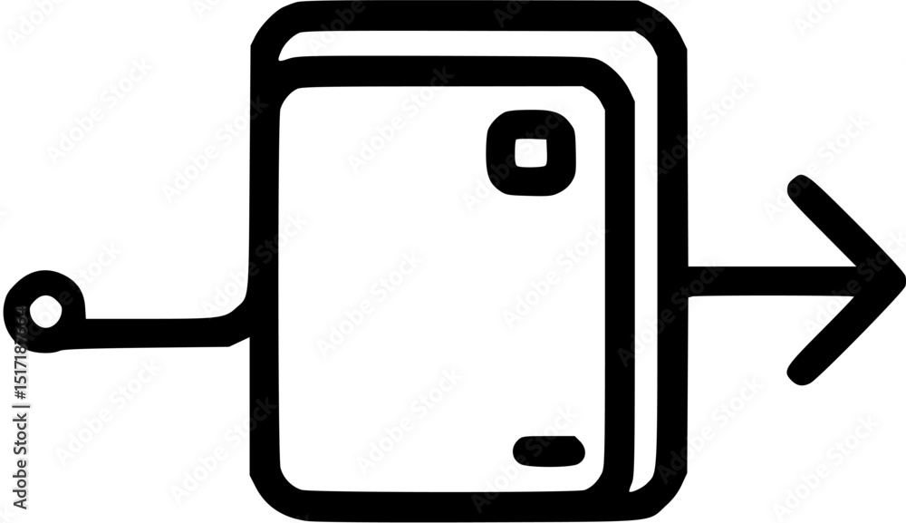 Poster a bold geometric icon shows a square within a square alongside a horizontal line right arrow and a c