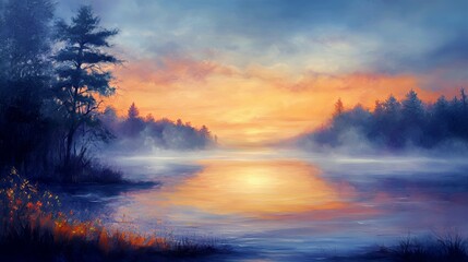 Serene sunrise over a misty lake, with vibrant colors reflecting on the water.