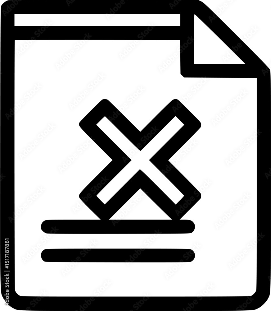 Aufkleber black and white line drawing of a document with a folded corner x mark and two horizontal lines