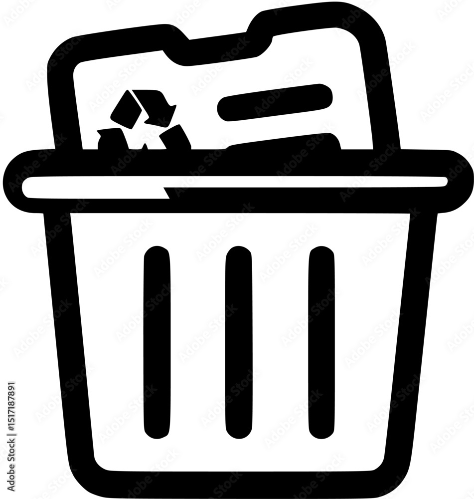 Poster black and white trashcan icon with document lines and recycle symbol