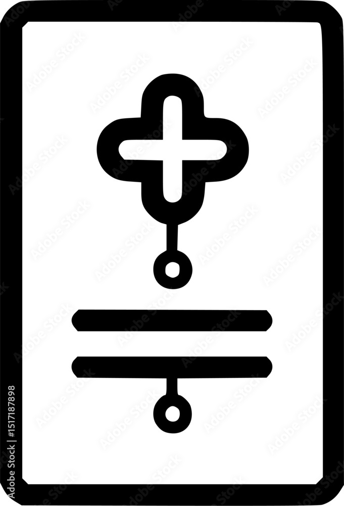 Poster black glyph of a document with a cross shape at the top lines in the middle and dots connecting the 
