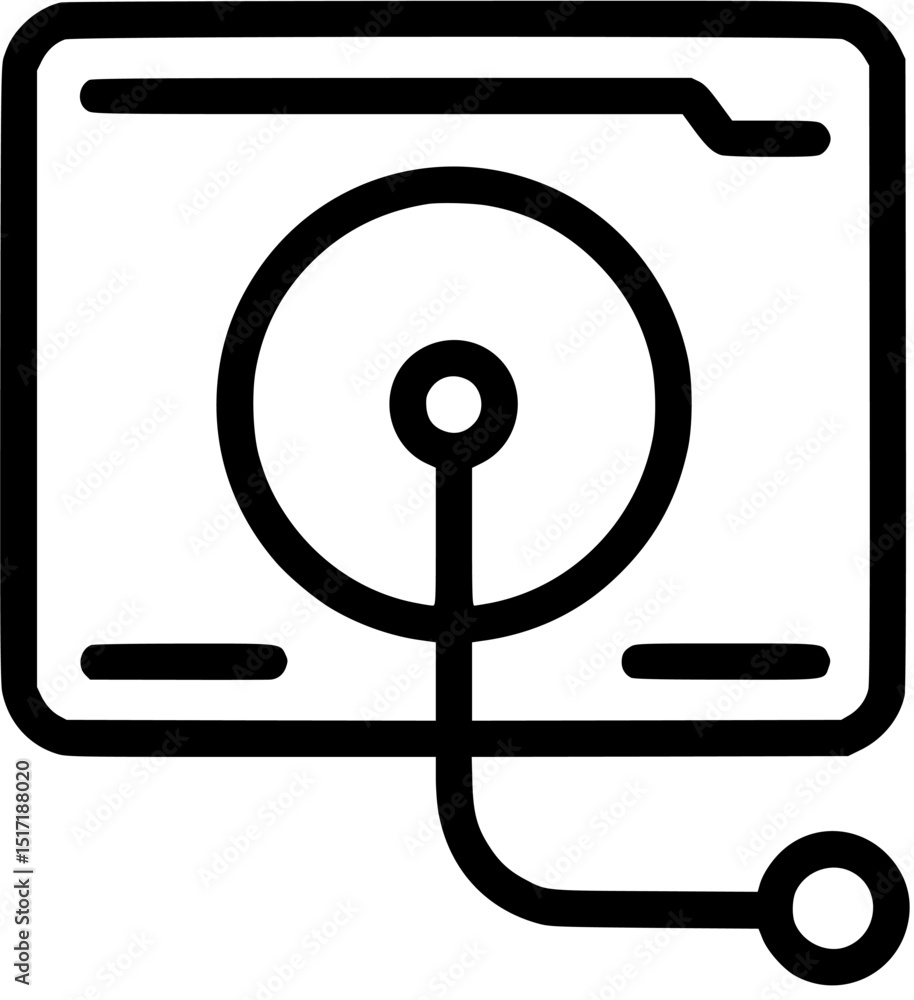 Poster black outlined icon of hard drive in folder with a circular head and a line