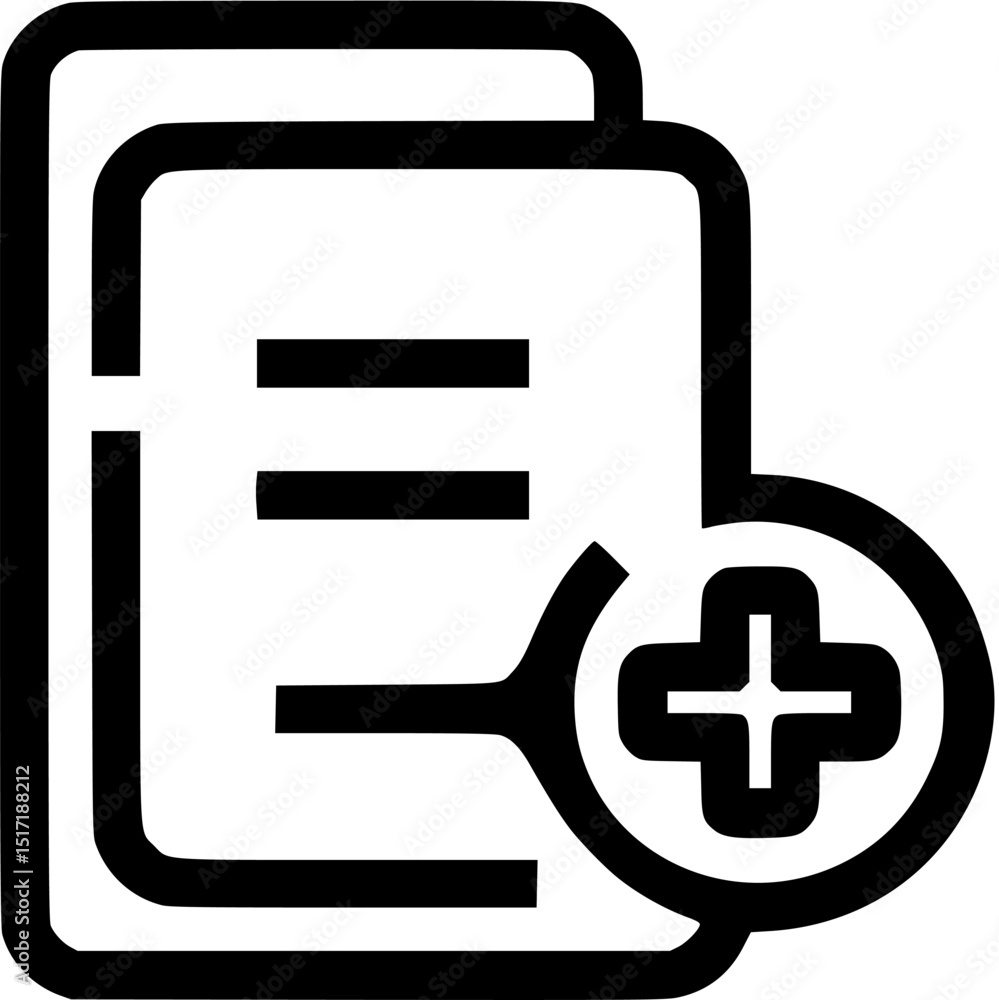 Poster stacked documents icon plus symbol on bottom right