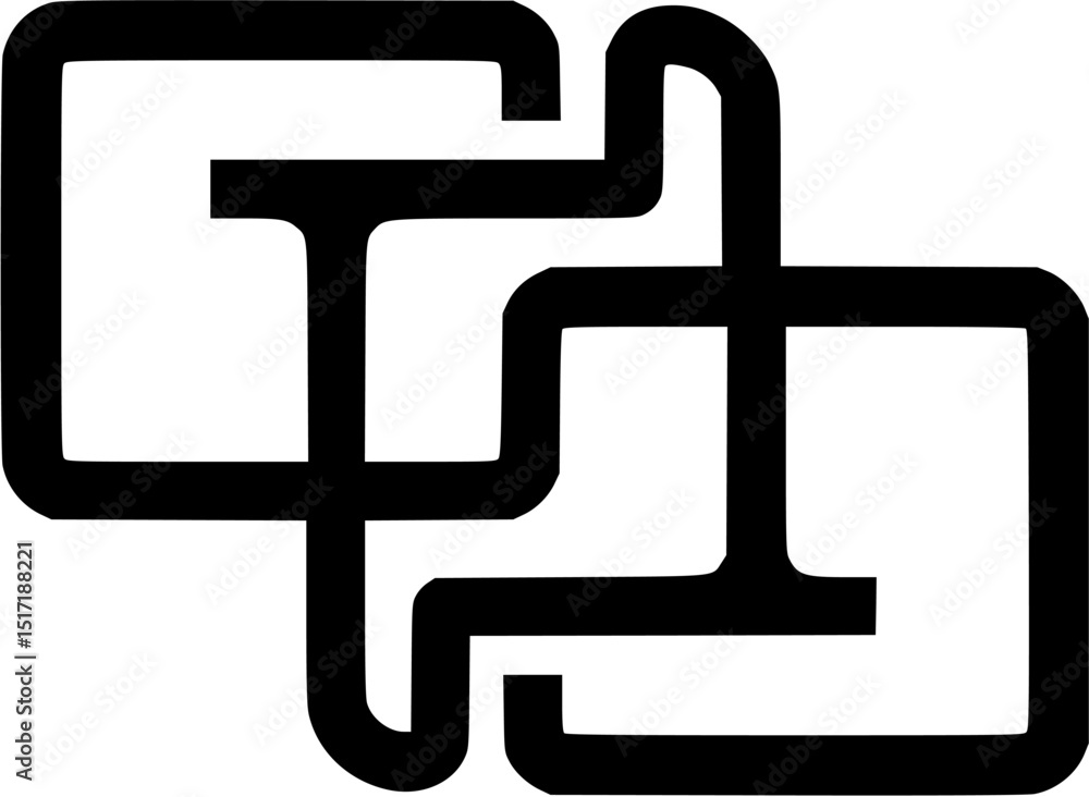 Poster two overlapping geometric shapes each resembling incomplete rectangles black lines against a white b