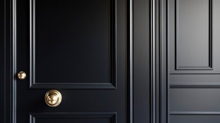 Close-up of elegant black door with gold accents.