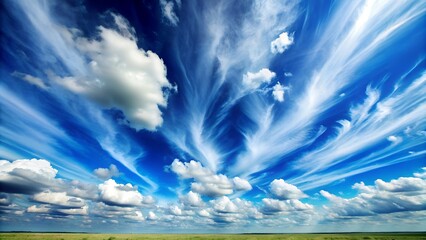 Fototapeta premium A vast blue sky with wispy white clouds at the horizon.