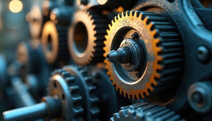 Close-up view industrial machine parts metal gears in motion. Mechanical engineering, tech background. Focuses on intricate details, textures, lighting creating engaging industrial photo. Perfect