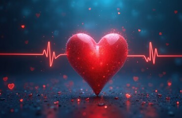 Real heart with heartbeat line on blue background. Valentines Day concept, love symbol, medical cardiogram pulse graph. Healthcare, cardiology, life concept, beat, monitor, cardiogram design.