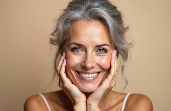 Portrait smiling woman with natural beauty radiant skin. Happy mature female with grey hair. AI generated art. Wellness, skincare, beauty concept. Aged woman face with wrinkles. Authentic self-care,