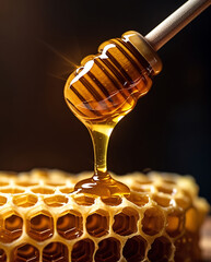 Honey dripping from a dipper onto honeycomb in warm, golden light.
