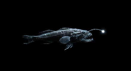 Deep sea anglerfish swims gracefully in dark abyssal light. AI Generated