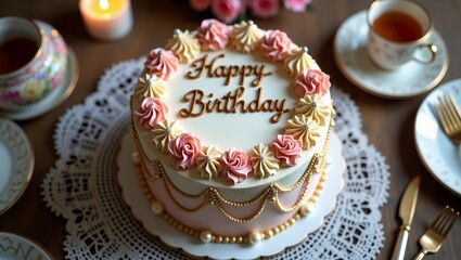 Flatlay photo of a vintage-style birthday cake with 'Happy Birthday' written elegantly on top. The cake is decorated with intricate floral piping, pastel colors like soft pink, cream, and gold,