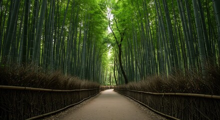 Fototapeta premium Serene path winds through lush vibrant bamboo forest bathed in soft sunlight. AI Generated