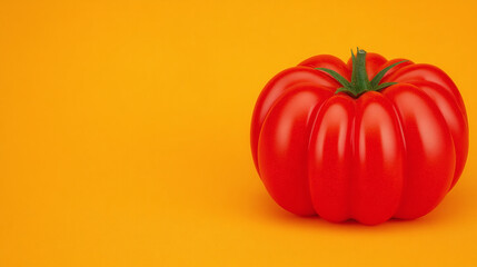 Single heirloom tomato on vibrant yellow background, bold red vegetable composition for organic farming or fresh produce design