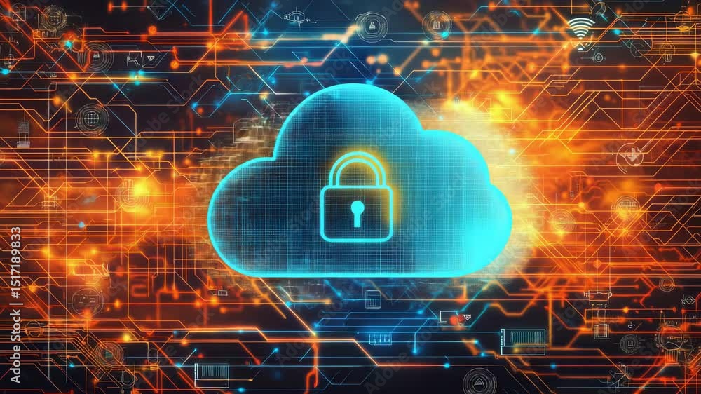 Poster digital cloud security concept with lock symbol and network connections in bright colorful backgroun