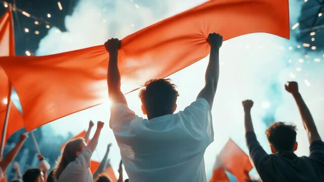 Energetic Crowd Holding Red Flags in Celebration at an Outdoor Event with Dynamic Lighting Effects