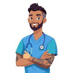 Tattooed Male Healthcare Professional Illustration Wearing Scrubs with Stethoscope, Transparent Background