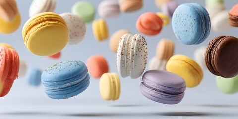 Obraz premium Colorful macarons are flying and floating in the air on a light blue background