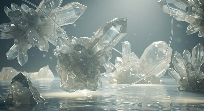 Luminous Crystal Cluster An ethereal digital art depicting a collection of glistening, translucent quartz crystals floating in a calm, reflective pool of water, illuminated by a soft, ethereal light.