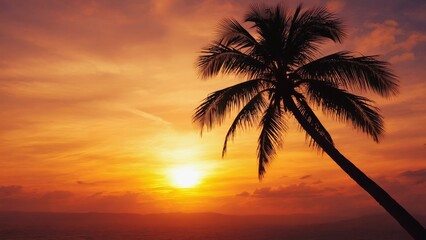 Tropical Sunset with Silhouette of Palm Tree Against Vibrant Orange and Purple Sky