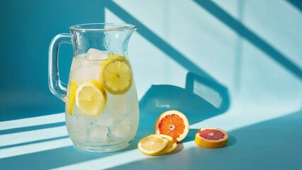 Refreshing Citrus Drink with Lemon and Grapefruit in Bright Pitcher on Blue Background