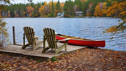Serene Lakeside Retreat with Two Adirondack Chairs and a Canoe on Colorful Autumn Day