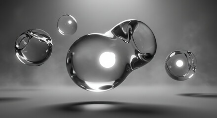 Abstract Glass Bubbles Floating in Gray Space 3D Render