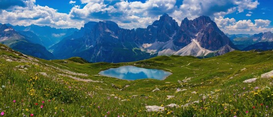 Breathtaking Alpine Landscape with Majestic Mountains and Clear Blue Sky Reflecting in Serene Lake